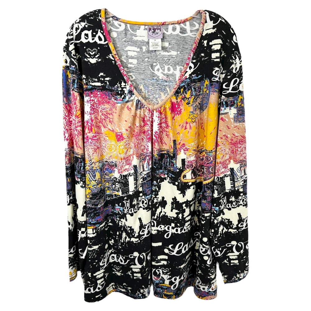 City Hearts Plus Size 3X Top Long Sleeve Vegas Skyline‎ Black Pink Mature 1336